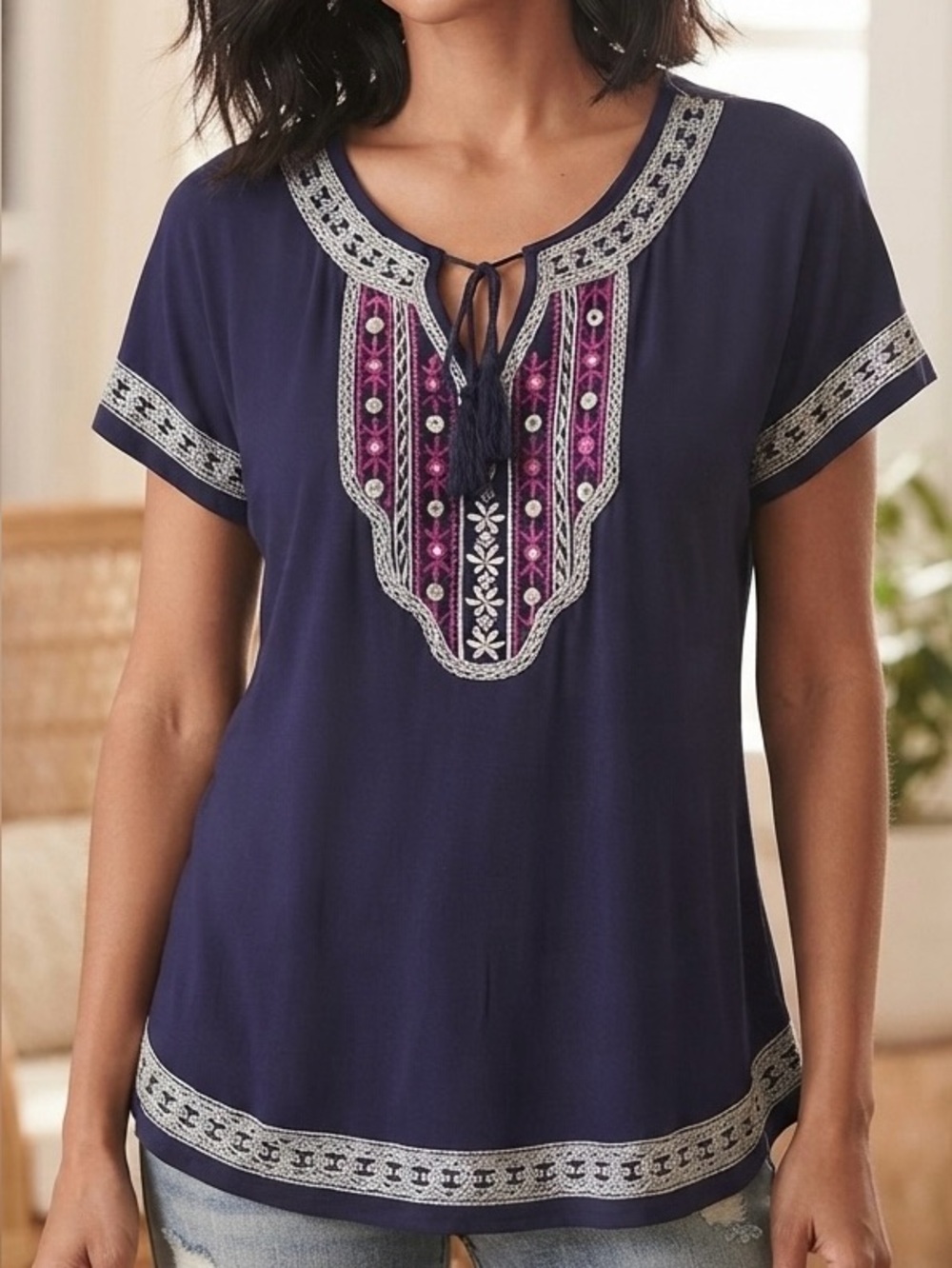 INC International Concepts Navy Blue Embroidered Boho Tunic Top - Size L